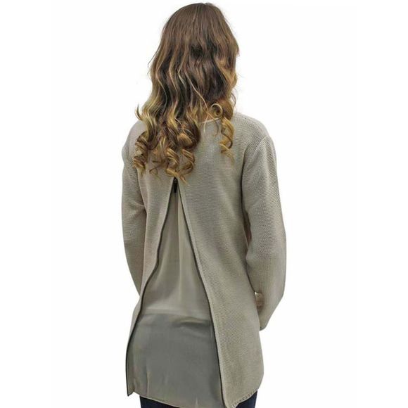 Beige Classic Knit Sweater With Chiffon Zippered Back - Picture 4 of 4